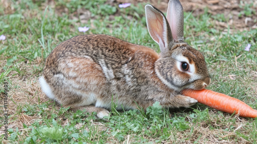 A rabbit munching on a carrot while sitting on the grass. A rabbit munching on a carrot while sitting on the grass.