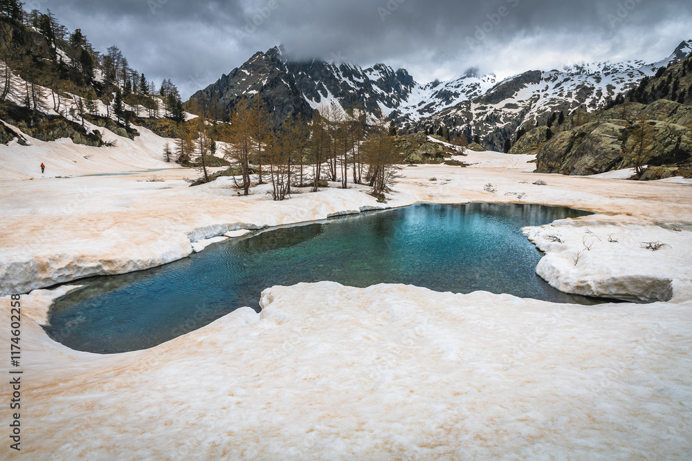 Small glacier lake near Lake Trecolpas in the French Alps