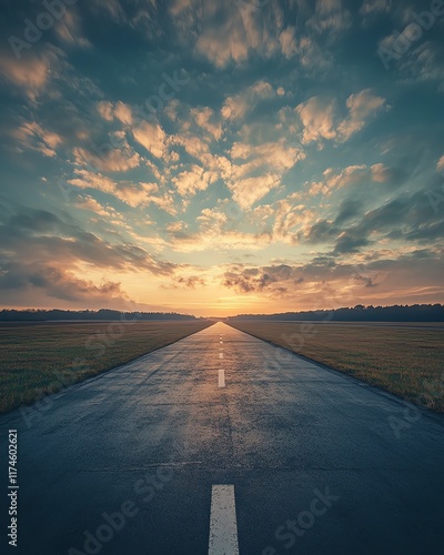 Runway ribboning across the ground under a cotton candy sky, sunny day casting soft, dreamy light, highangle view photo