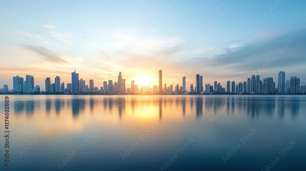 A city skyline is reflected in the water, with the sun setting in the background A city skyline is reflected in the water, with the sun setting in the background