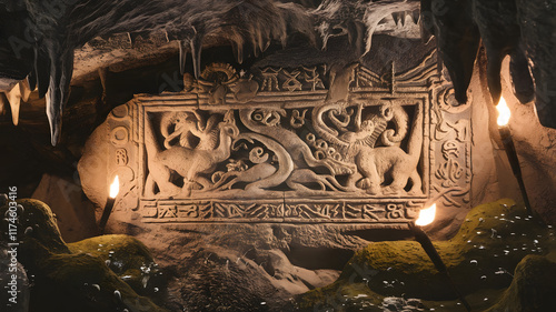 An ancient cave illuminated by the soft glow of torches, revealing intricate stone carvings etched into the walls. The designs depict mythical creatures intertwined with celestial patterns, such as sw