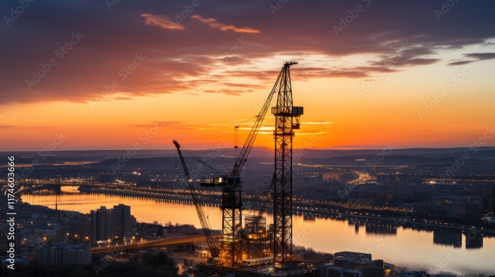 Obraz premium Construction at Sunrise Over Cityscape