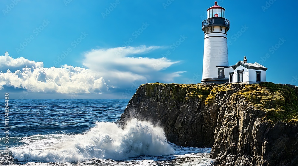 Obraz premium Charming lighthouse on a rugged cliff with crashing waves and a bright blue sky