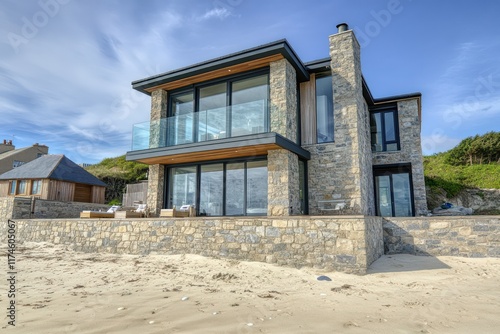 A contemporary beach house with natural stone exterior, large windows, and beachside views