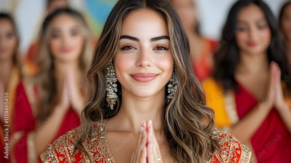 Obraz premium Elegant young woman in traditional attire smiling with hands together