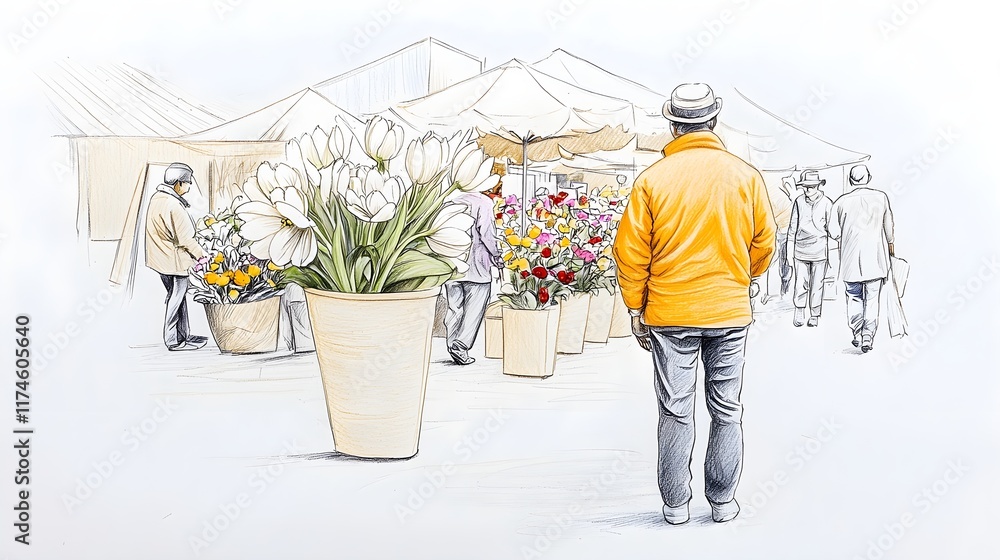 Fototapeta premium Person in Yellow Jacket Observing Flower Market Scene