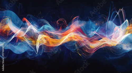 Lumina Wave Dynamics: High-Contrast Abstract Waveforms and Neon Light Trails on Deep Navy and Indigo Background, Evoking Movement and Innovation.  photo