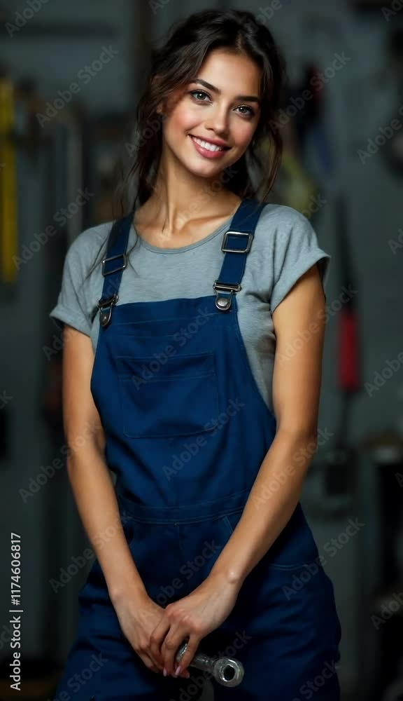 a vertical video of Pretty woman in blue overalls with a wrench. Suitable for construction, engineering, maintenance, DIY, industrial, or female empowerment concepts. a vertical video of Pretty woman in blue overalls with a wrench. Suitable for construction, engineering, maintenance, DIY, industrial, or female empowerment concepts.