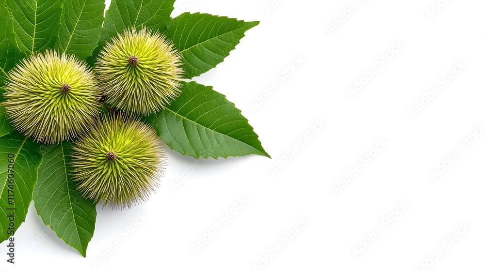 Green Chestnut Fruits on Leaves Isolated on White Background Green Chestnut Fruits on Leaves Isolated on White Background