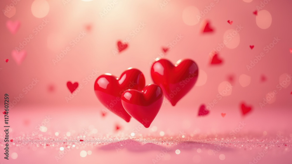 Three Red Hearts Floating In Pink Background, Creating A Bright And Cheerful Romantic Scene With Soft And Shiny Textures Three Red Hearts Floating In Pink Background, Creating A Bright And Cheerful Romantic Scene With Soft And Shiny Textures