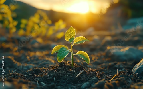 Closeup of a tiny green plant sprouting in healthy soil, sunlight glowing behind, new beginnings, nature restoration concept, planting trees to save the world photo