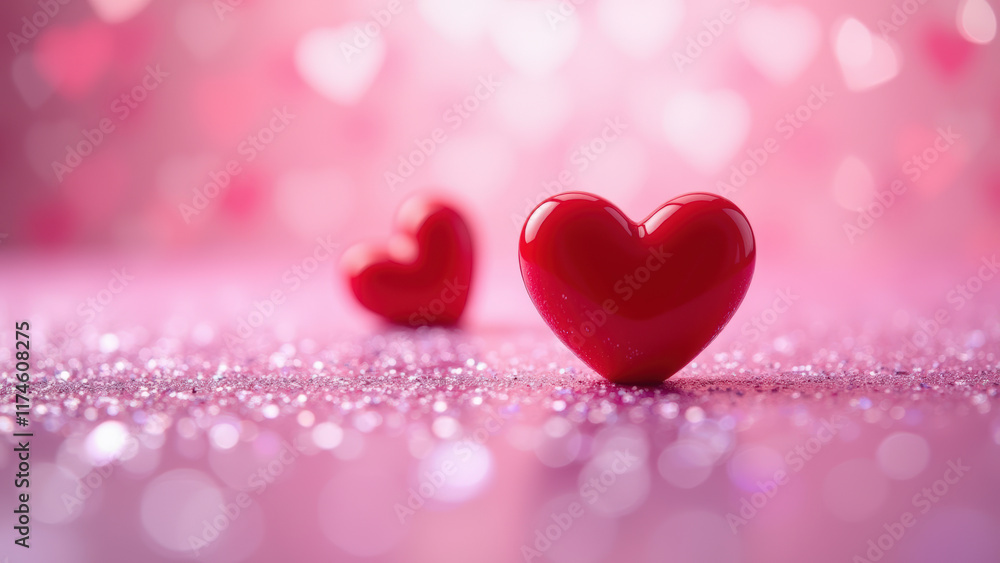 Two Red Hearts On Glittering Surface, Shining Brightly With Glitter And Sparkle In A Festive Valentine's Day Scene Two Red Hearts On Glittering Surface, Shining Brightly With Glitter And Sparkle In A Festive Valentine's Day Scene