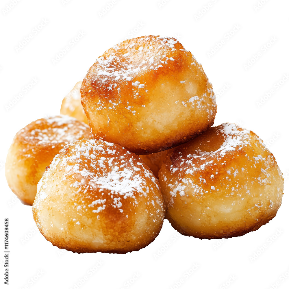 Golden, crispy loukoumades dusted with powdered sugar, isolated on transparency background, showcasing their sweet and appetizing texture Golden, crispy loukoumades dusted with powdered sugar, isolated on transparency background, showcasing their sweet and appetizing texture