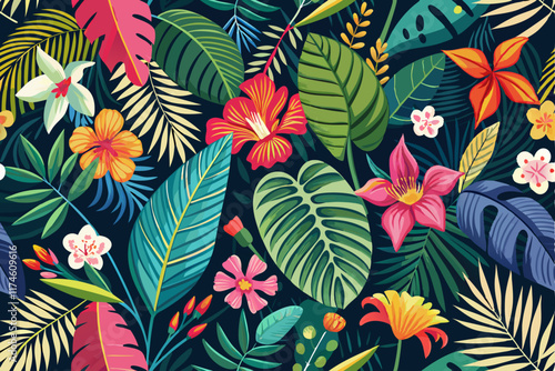 Tropical leaf and many flowers seamles pattern. vector design.