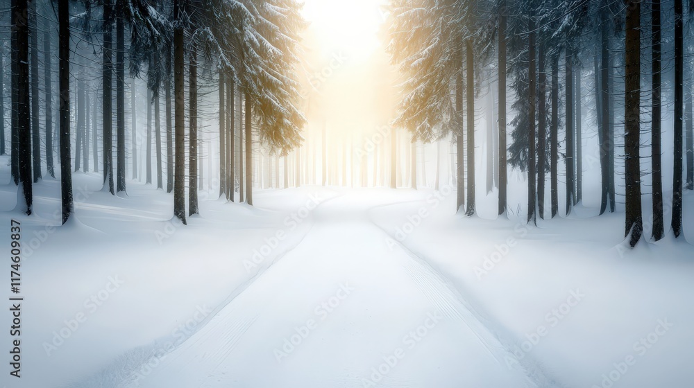 Naklejka premium A snow covered road with trees in the background
