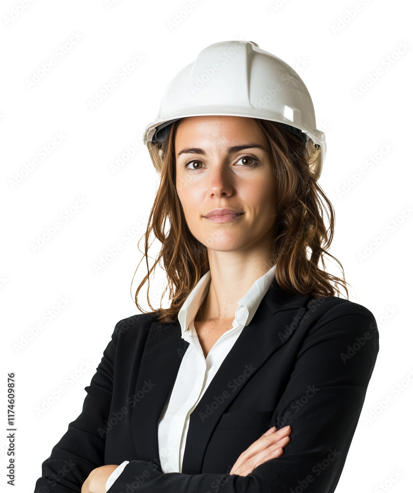 Confident female urban planner wearing white hard hat and formal attire, isolated on transparency background, showcasing professionalism and expertise in construction and city planning Confident female urban planner wearing white hard hat and formal attire, isolated on transparency background, showcasing professionalism and expertise in construction and city planning