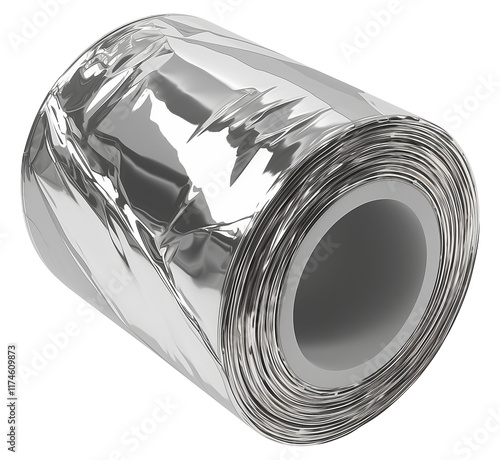 metallic silver sealing tape roll made of foil, isolated on transparency background, showcasing its reflective surface and smooth texture, ideal for industrial or household use photo