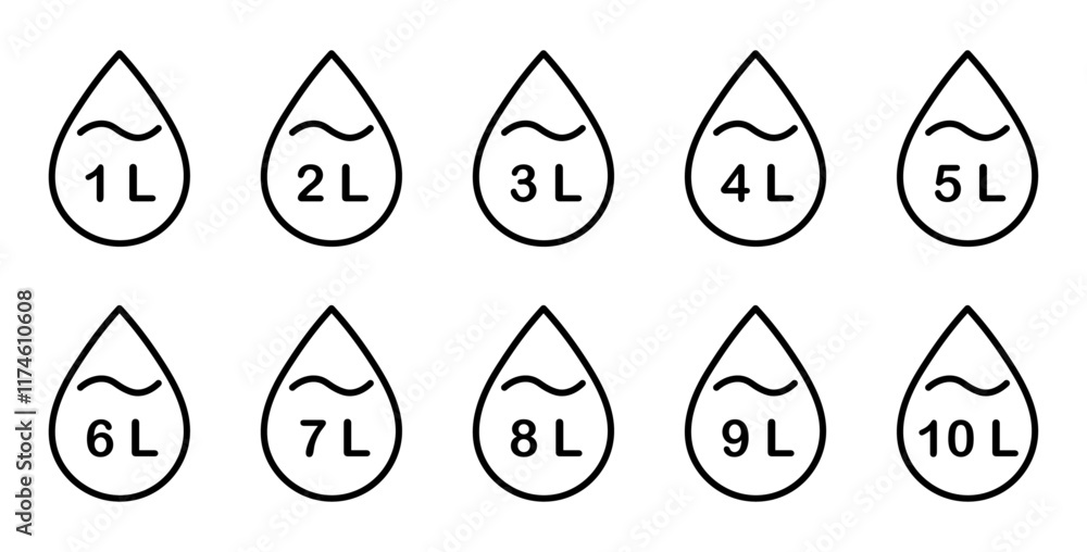 Liter icon set from 1 to 10. Fluid volume in liters. Capacity of oil and water icon set. Liter icon fluid volume in liters liquid drop litre. Liquid measure in liters. Liter icon set from 1 to 10. Fluid volume in liters. Capacity of oil and water icon set. Liter icon fluid volume in liters liquid drop litre. Liquid measure in liters.