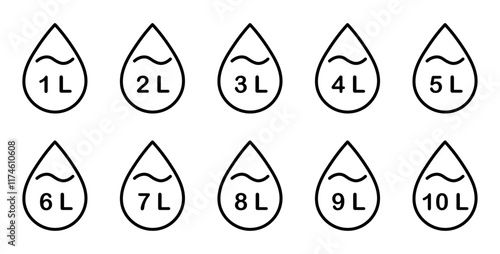 Liter icon set from 1 to 10. Fluid volume in liters. Capacity of oil and water icon set.  Liter icon fluid volume in liters liquid drop litre.   Liquid measure in liters. 