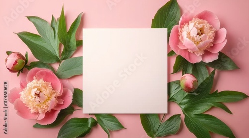 Peonies and green leaves against a blank paper on a pink background, top view of wedding invitation or card template banner design. Mockup for text or product display design