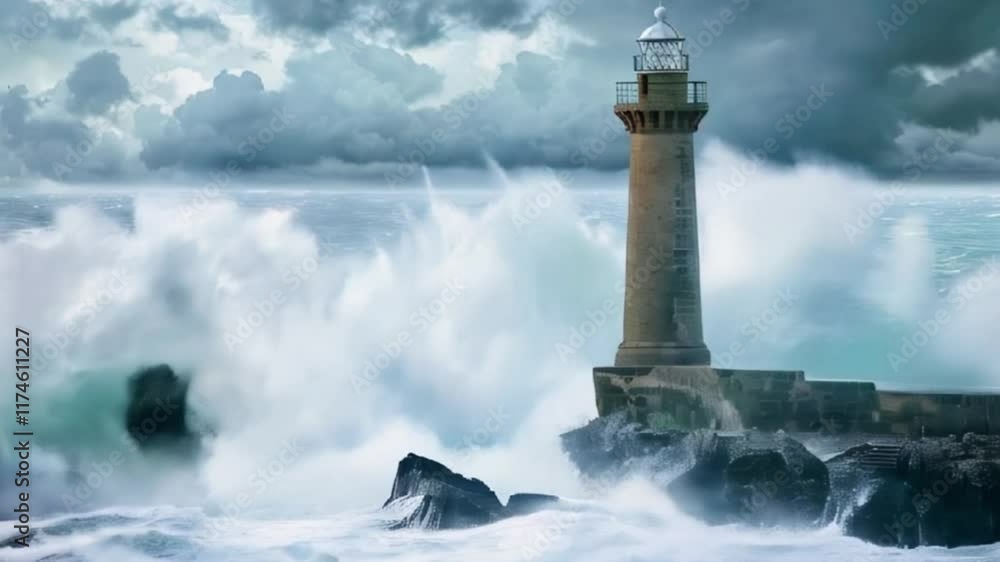Large color retro lighthouse with beam of bright light shining out to blue sea, abstract vivid composition consists of fictional unreal fantastic vision on background Large color retro lighthouse with beam of bright light shining out to blue sea, abstract vivid composition consists of fictional unreal fantastic vision on background