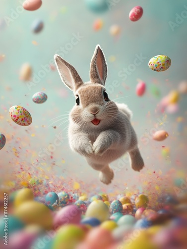 Running happy Easter bunny with eggs flying everywhere created by generative artificial intelligence, generative ai photo