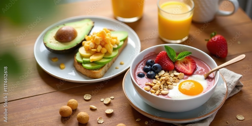 A delightful breakfast arrangement featuring a creamy berry bowl topped with a fried egg and granola, accompanied by avocado toast with corn A delightful breakfast arrangement featuring a creamy berry bowl topped with a fried egg and granola, accompanied by avocado toast with corn