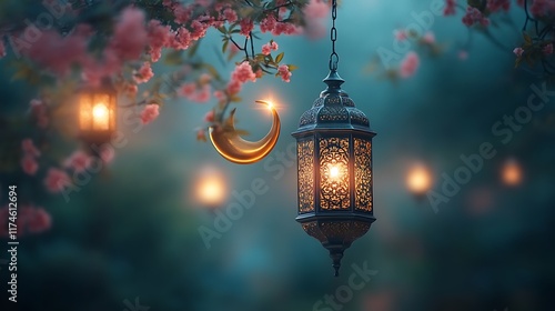 Illuminated Lantern and Crescent Moon Adorn Blossoming Branches photo