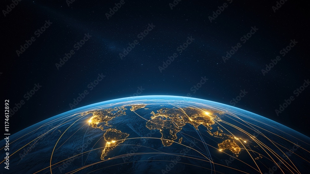 Naklejka premium A globe with the lights on in the cities of the world