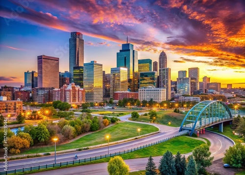 Denver Skyline, Confluence Park & Speer Blvd Bridges - Colorado Cityscape Stock Photo