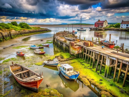 Wallpaper Mural Derelict UK Harbour: Flat, Overgrown Pier & Rusty Boats at Low Tide Torontodigital.ca