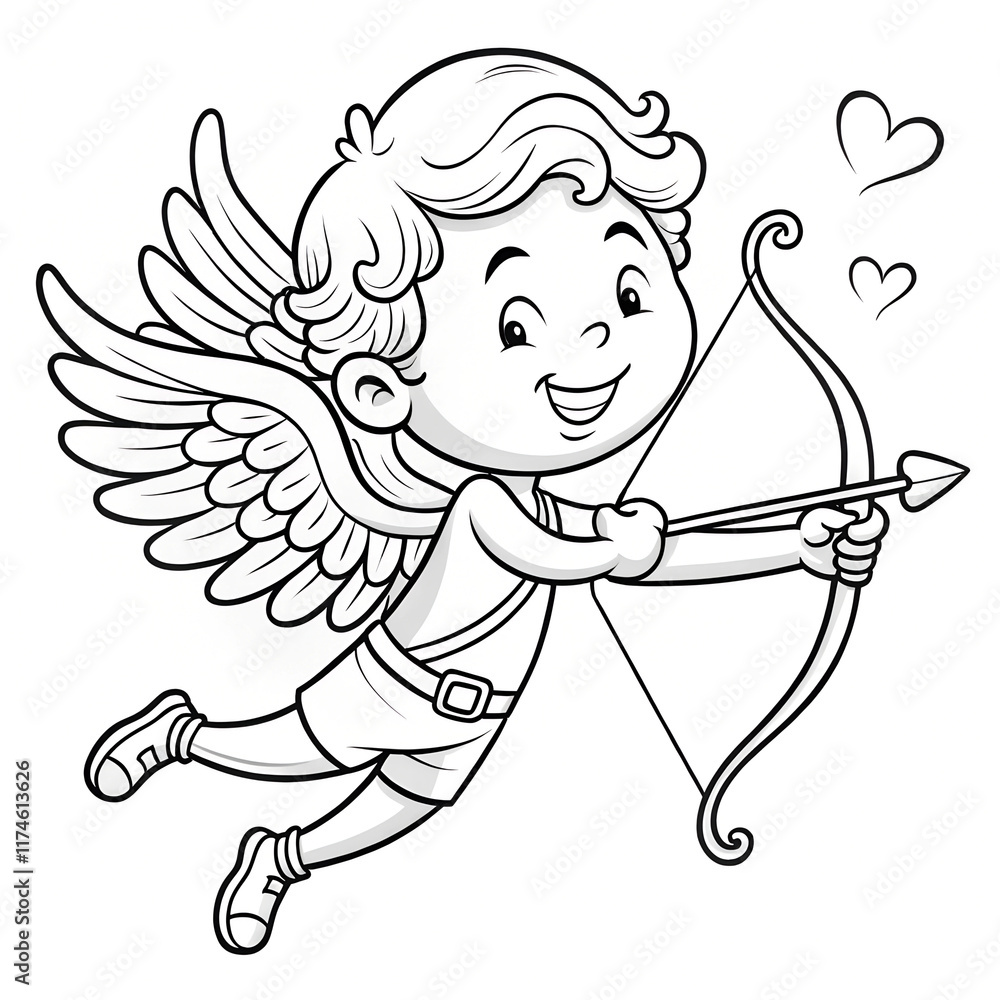 Fototapeta premium Black and white illustration of a cartoon cupid with wings, holding a heart-shaped arrow. Valentine's Day coloring page