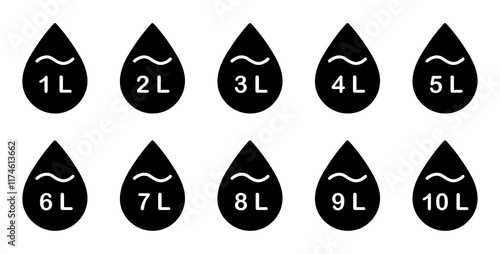 Liter icon set from 1 to 10. Fluid volume in liters. Capacity of oil and water icon set.  Liter icon fluid volume in liters liquid drop litre. Liquid measure in liters. 