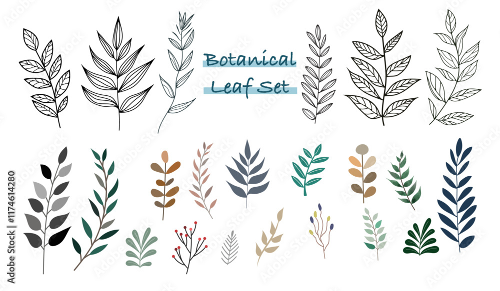 Naklejka premium 優しいタッチのボタニカルリーフのイラストセット