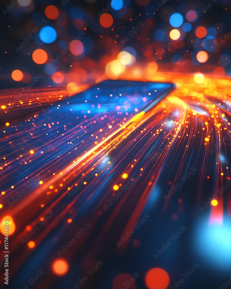 Fototapeta premium A smartphone with glowing light trails and colorful bokeh effects