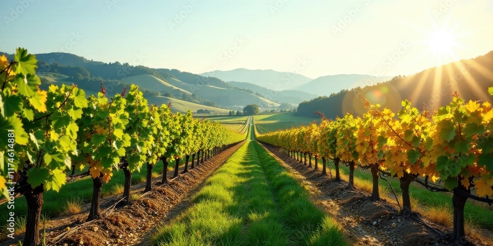 Naklejka premium Serene Vineyard Rows at Sunrise, Golden Sunlight Illuminating Lush Grapevines, Picturesque Landscape, Peaceful Pastoral Scene