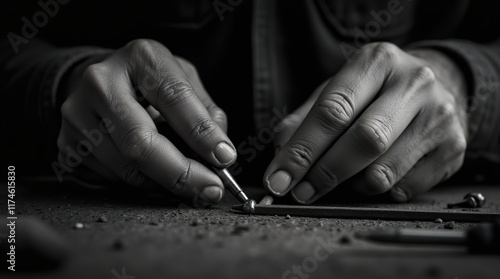 Close-Up Black and White Photo of Hands Using Small Precision Tools photo