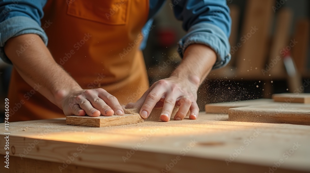 Close-Up of Hands Sanding Wood in a Workshop With Sawdust Close-Up of Hands Sanding Wood in a Workshop With Sawdust