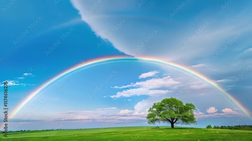 Beautiful color tranquil landscape with magical bright rainbow at cloudy sky, abstract vivid composition consists of fictional unreal fantastic vision on background Beautiful color tranquil landscape with magical bright rainbow at cloudy sky, abstract vivid composition consists of fictional unreal fantastic vision on background