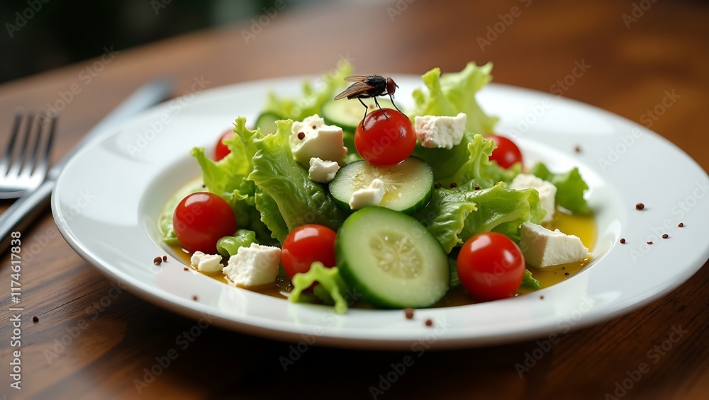 A detailed close-up of a fly perched on a veggies salad meal presented on a white plate, drawing attention to food safety concerns, contamination hazards, and unsanitary handling practices