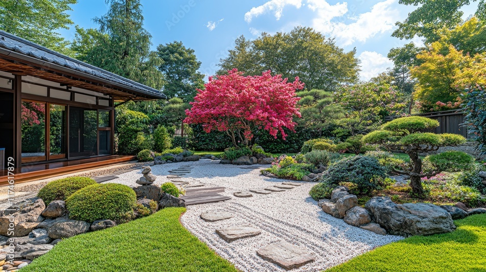 Obraz premium Serene Japanese garden with vibrant flowers, stepping stones, and meticulously manicured plants.