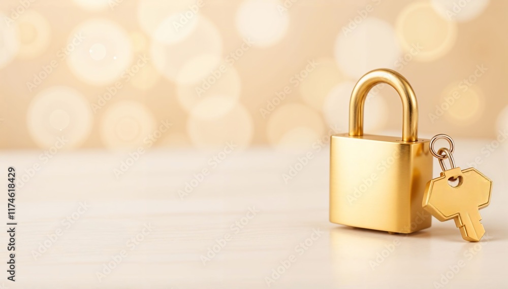 Fototapeta premium Elegant Golden Lock and Key on Light Wooden Surface
