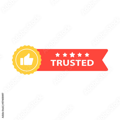 Trusted thumbs up label ribbon. Business, product, sale, promotion, guarantee, marketing, advertising concepts. Flat vector design isolated illustration.