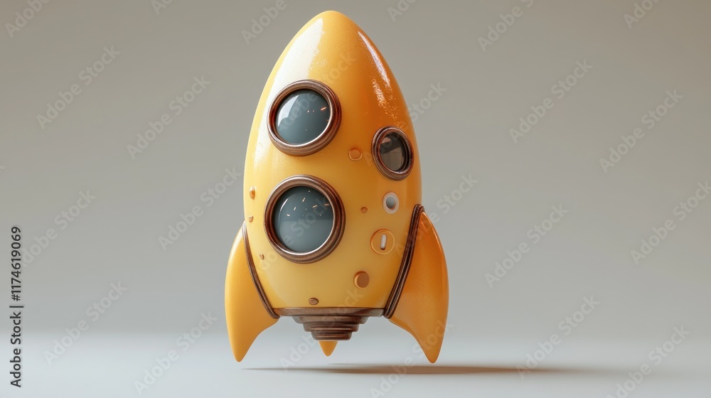 Yellow cartoon rocket ship, 3D render, isolated on light grey background.