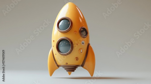 Obraz na płótnie Yellow cartoon rocket ship, 3D render, isolated on light grey background. w salonie