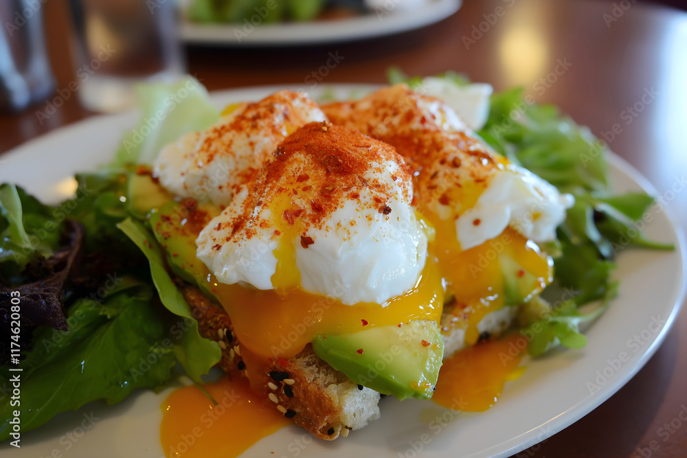 A nutritious breakfast of avocado toast topped with a perfectly poached egg, a sprinkle of chili flakes, and a drizzle of olive oil. Served on whole-grain toast with a side of mixed greens A nutritious breakfast of avocado toast topped with a perfectly poached egg, a sprinkle of chili flakes, and a drizzle of olive oil. Served on whole-grain toast with a side of mixed greens