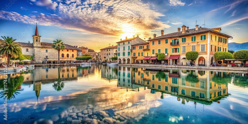 Fototapeta premium Double Exposure: Peschiera del Garda's Historic Charm, Venetian Architecture & Serene Lake Views