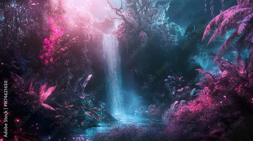 Fototapeta premium Enchanted Waterfall: A Surreal Night in the Jungle