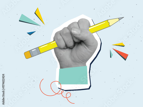 Yellow cartoon pencil held in raised hand - creativity concept. Modern photo collage style. Vector illustration