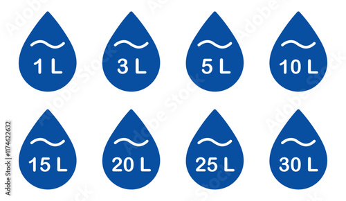 Liter icon set. Liters- 1,3,5,10,15,20,25,30. Fluid volume in liters. Capacity of oil and water icon set. Liter icon fluid volume in liters liquid drop litre. Liquid measure in liters.